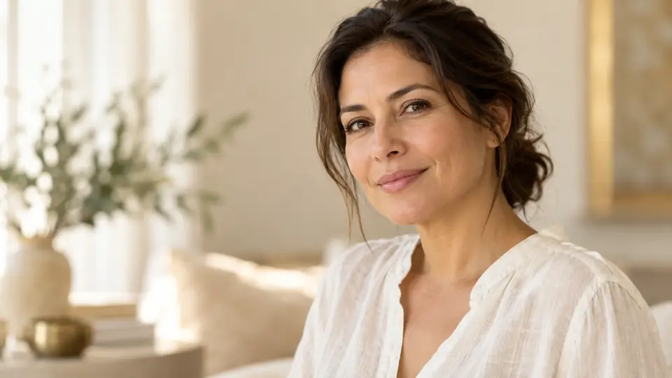 Retrato ilustrativo de una mujer con piel de aspecto natural para un artículo sobre plasma rico en plaquetas facial
