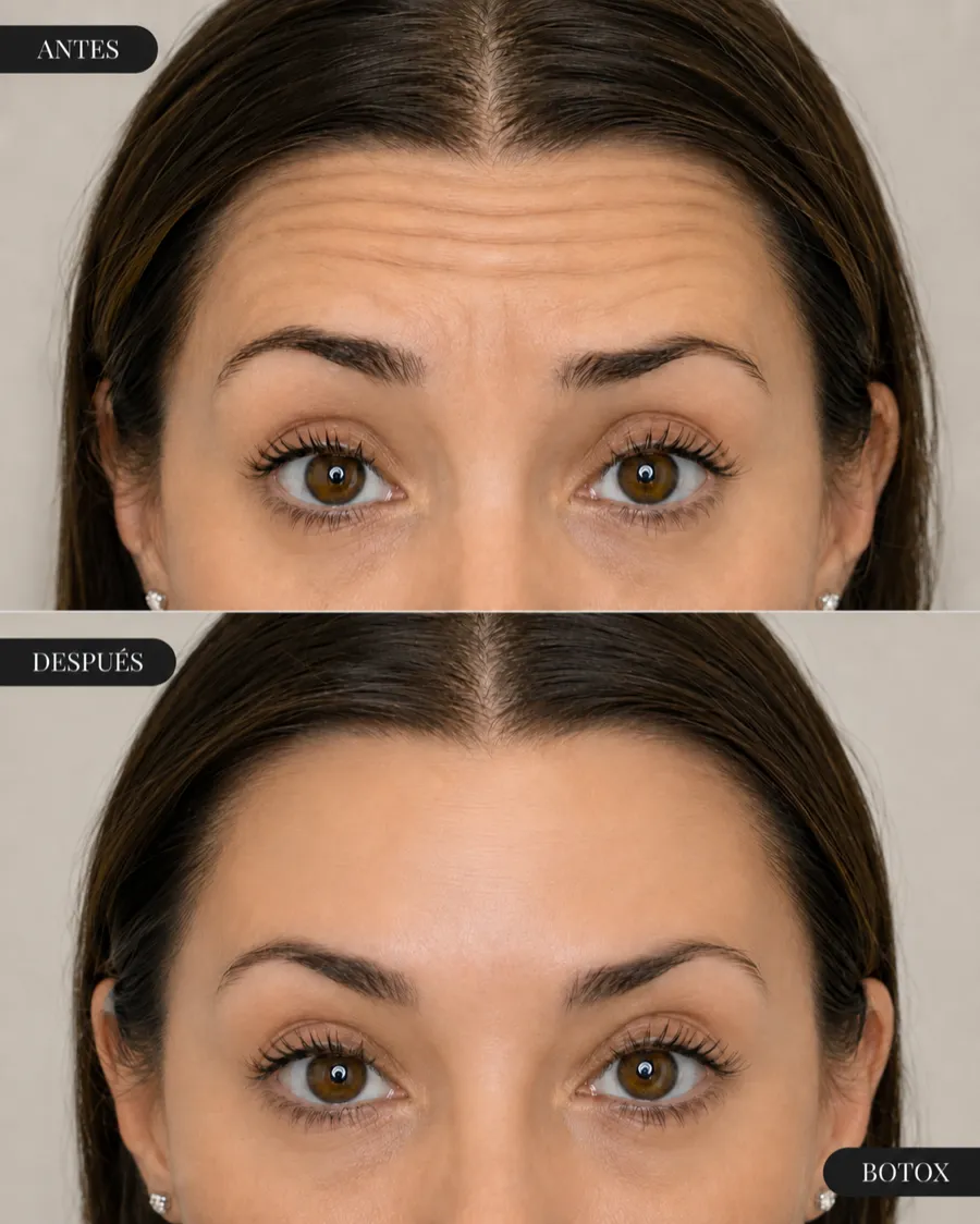Antes y después de un tratamiento con toxina botulínica en frente y entrecejo