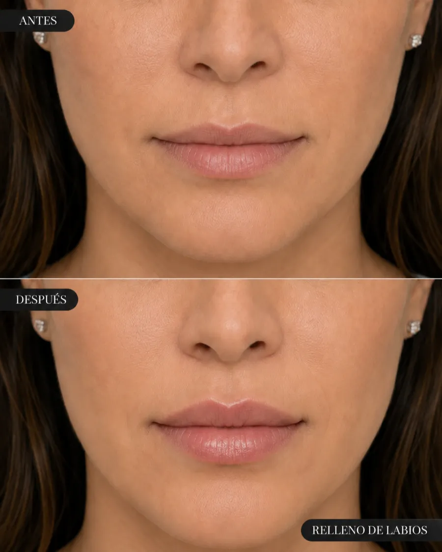 Antes y después de un relleno de labios con ácido hialurónico