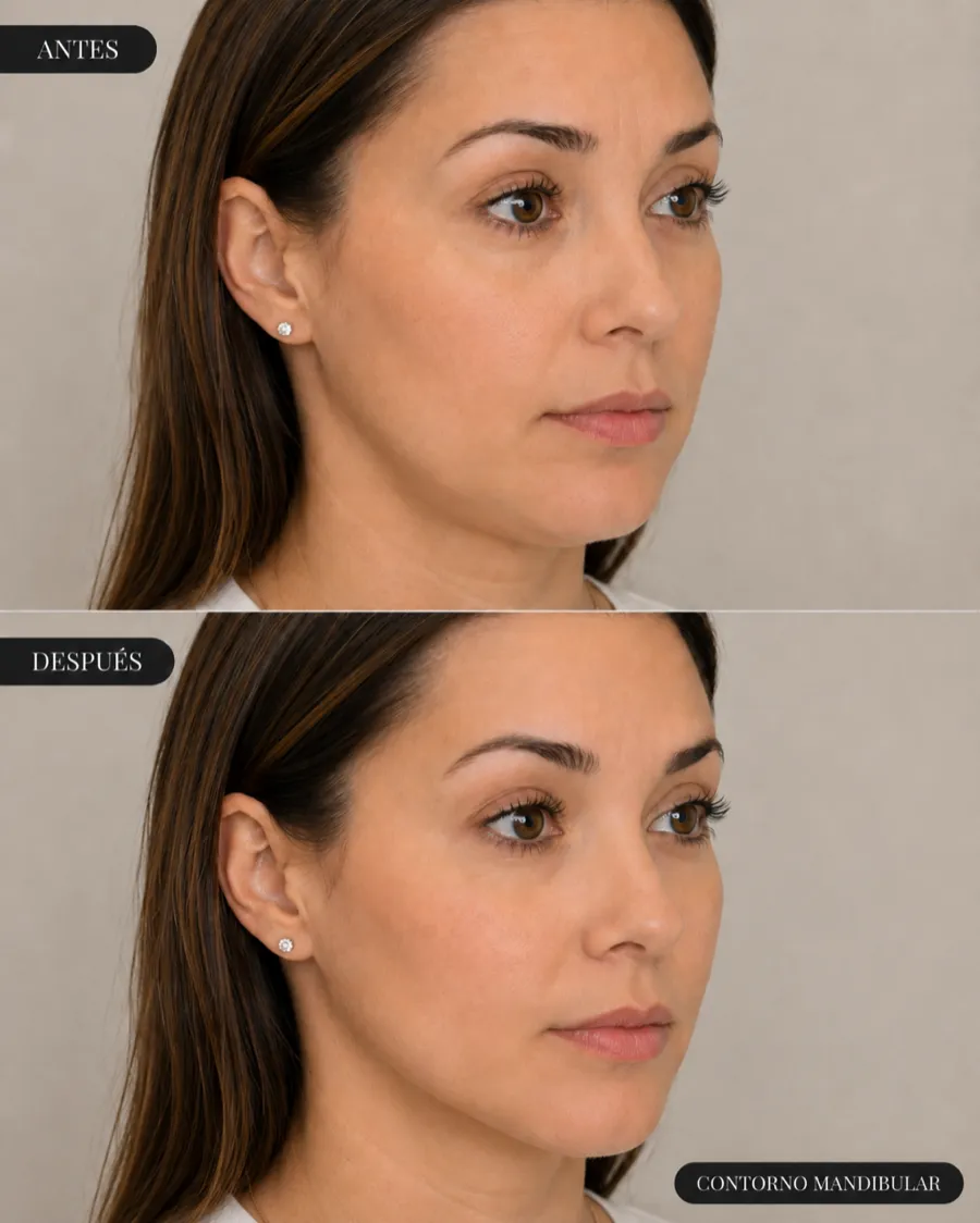 Antes y después de un contorno mandibular con ácido hialurónico